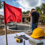 Pool builder red flags illustrated by a stalled pool construction site with a warning flag, plans, costs, and a concerned homeowner
