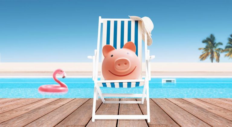 Piggy bank relaxing beside a swimming pool representing the cost to resurface a pool and plan a renovation budget