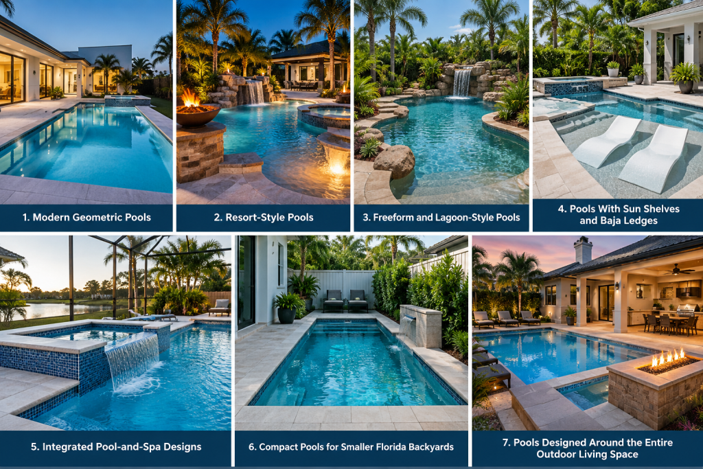 Collection of pool designs featuring geometric, resort-style, lagoon, sun shelf, integrated spa, compact, and outdoor living pool concepts.